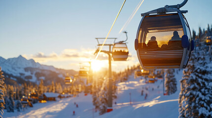 A modern ski lift atop a picturesque snowy mountain slope, providing access to the hillside for winter sports enthusiasts
