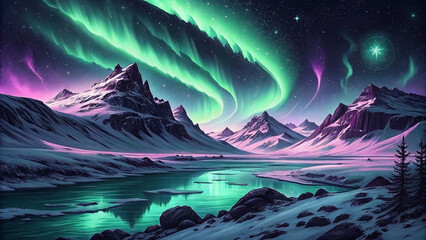 Magical winter scene with a colorful aurora borealis. Breathtaking night sky with dancing northern lights.