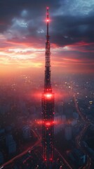 Futuristic tower emitting red light at sunset in modern cityscape
