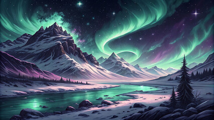 Magical winter scene with a colorful aurora borealis. Breathtaking night sky with dancing northern lights.