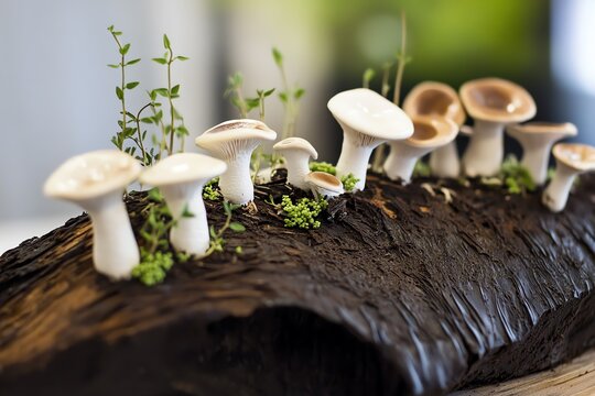 B&ucirc;che de No&euml;l au caf&eacute; avec ganache de chocolat noir, d&eacute;cor&eacute;e de petits champignons en meringue et de brins de thym pour un look inspir&eacute; de la for&ecirc;t..