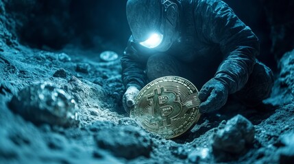 Astronaut mining bitcoin on moon surface with headlamp