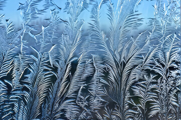 Close-up of intricate frost patterns on glass, resembling delicate feathers in winter. Cool blue tones evoke a serene, chilly atmosphere. Generative AI