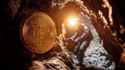 Miner extracting bitcoin cryptocurrency in a dark cave