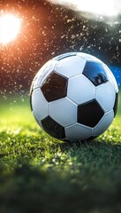 Naklejka premium Soccer Ball on Lush Green Field with Dramatic Sunset and Water Drops, Sports Background