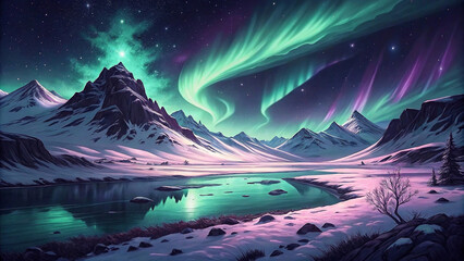 Magical winter scene with a colorful aurora borealis. Breathtaking night sky with dancing northern lights.