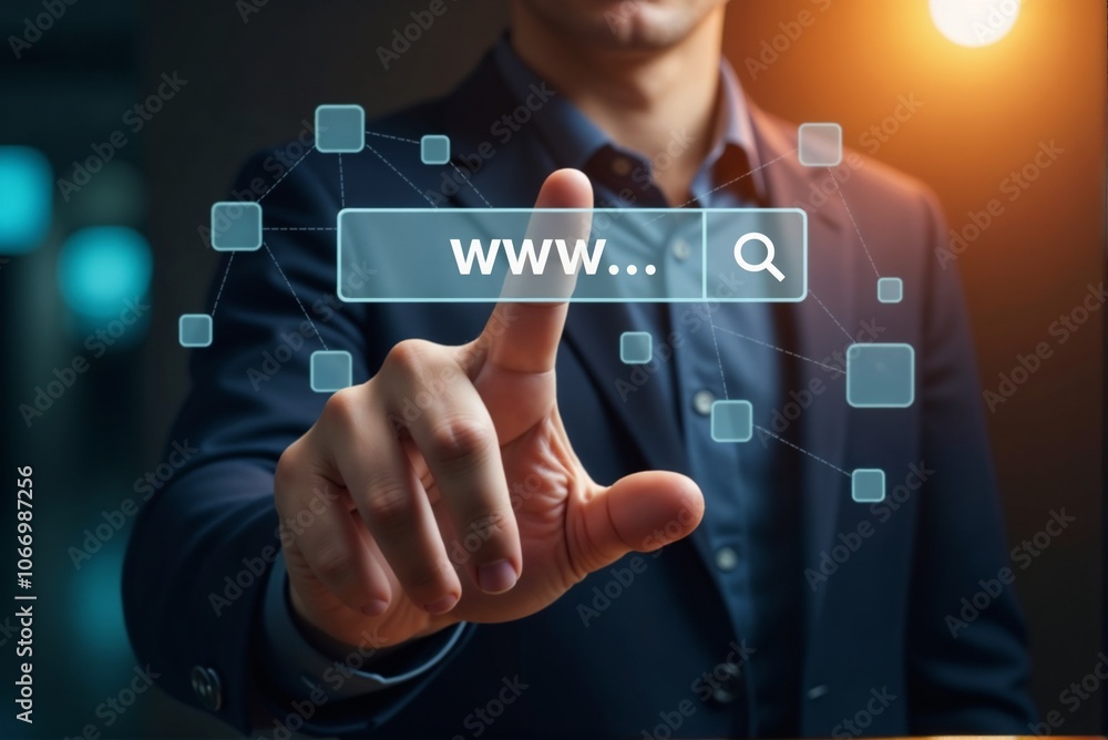 Poster a man in a suit is pressing a button on a virtual screen