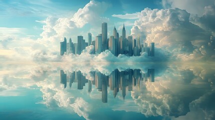 Fototapeta premium A cityscape floating in the sky, reflected on calm water, surrounded by clouds - a fantastical world