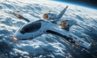 Fototapeta premium Isometric airplane in space, with futuristic designs and Earth visible in the background, exploring sci-fi possibilities