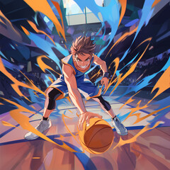 Naklejka premium Anime male player basketball action energy flowing from the ball on court