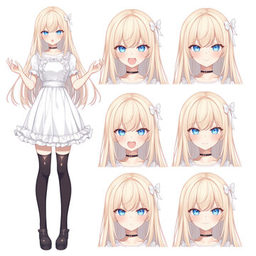 Cute blonde anime girl vtuber model wearing white dress and black over knee socks with different expressions on white background