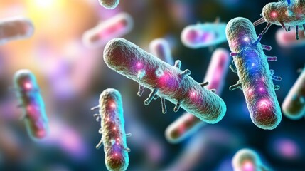 Colorful, microscopic view of bacteria, showcasing their diverse shapes and patterns, emphasizing their microscopic beauty and importance in ecosystems.