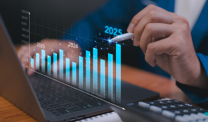 2024 business financial plan market concept, performance of profit growth on 2024 to 2025, education trend up finance on growth graph money revenue, Businessman analyzes profitability of working.