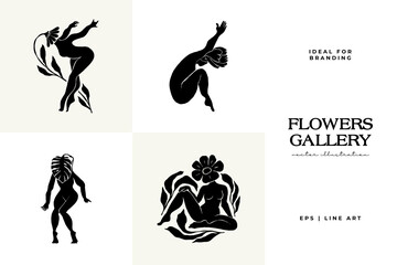 Woman with Flowers linocut Drawing. Female Figure Minimalist Illustration. Modern Trendy Line Art Drawing for Beauty Logo, Wall Decor, Fashion Minimal Print, Poster, Social Media.