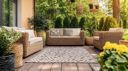 A cozy outdoor seating area featuring wicker furniture, a patterned rug, and lush greenery in a sunlit garden.