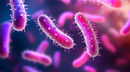 Fototapeta premium Colorful depiction of bacteria, showcasing their intricate shapes and structures, highlighting their microscopic nature in a vibrant environment.