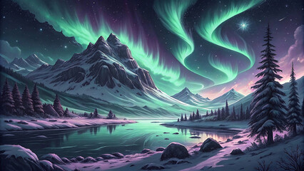 Magical winter scene with a colorful aurora borealis. Breathtaking night sky with dancing northern lights.