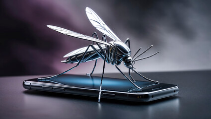 a futuristic chrome and metallic mosquito with cybernetic limbs resting on a sleek next-generation cell phone