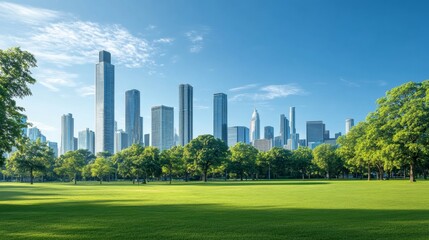 Green meadow framing the chicago skyline on a sunny day