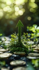 Green upward arrow growing from moss and coins symbolizing sustainable investments
