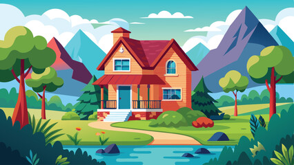 cozy two story cottage with a red roof surrounded vector