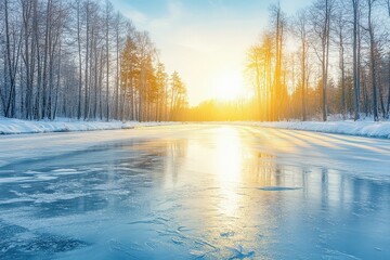 Serene Winter Frozen River at Sunset