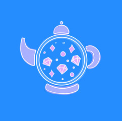 Cute teapot on a blue background with pink crystals inside