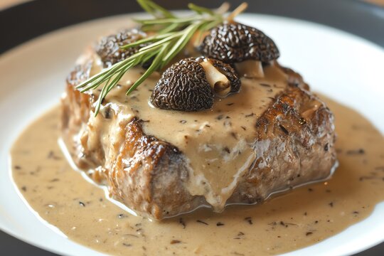 R&ocirc;ti de veau aux morilles et sauce au vin blanc, tendre et parfum&eacute;, pour un plat principal raffin&eacute; de No&euml;l..