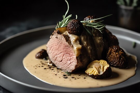 R&ocirc;ti de veau aux morilles et sauce au vin blanc, tendre et parfum&eacute;, pour un plat principal raffin&eacute; de No&euml;l..