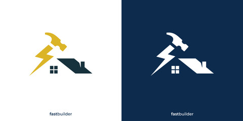 Fast Builder Logo Design. Home, House, Hammer, and Lightning Symbol. Property Logo, Icon, Symbol, Vector, Design Inspiration.