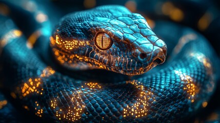 Obraz premium Coiled snake showing glowing scales and intense eyes in the dark
