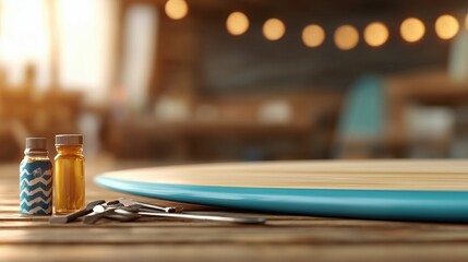 Obraz premium Surfboard Repair Kit with Resin on a Wooden Tabletop