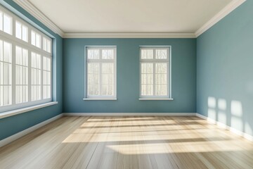 Bright empty room with large windows and wooden floor