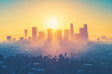 Fototapeta premium Los Angeles skyline at sunrise, vibrant colors, city silhouette, misty atmosphere