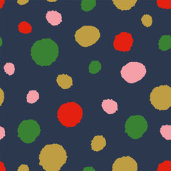 Festive dots seamless pattern. Simple Christmas ornament. Hand drawn green, red and gold blobs on blue background. Abstract backdrop.