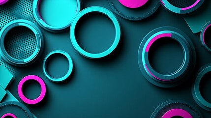 Abstract background with teal and pink circles on a dark blue background with a mesh pattern.