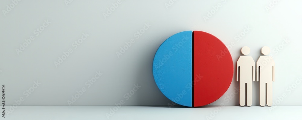 Poster a colorful pie chart divides into blue and red sections, with two wooden figures standing beside it,