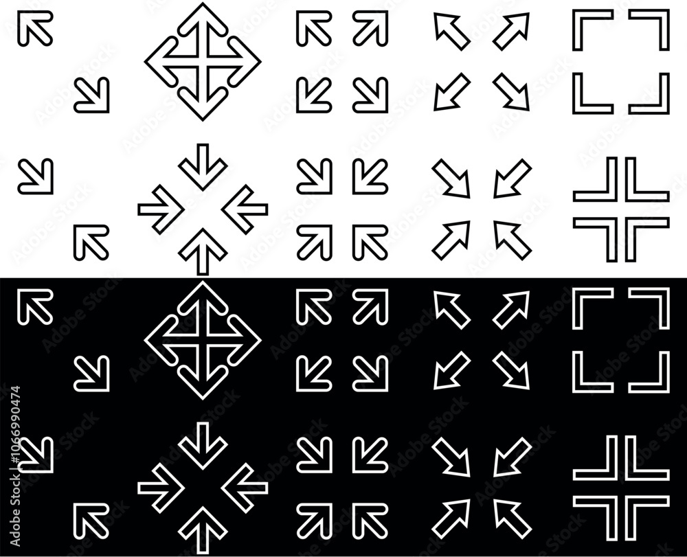 Wall mural full screen and exit full screen icons. arrow mark icons in different shapes. vector illustration is