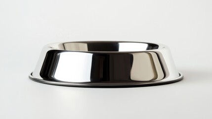 Empty polished metal dog bowl on white background