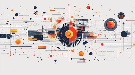 Obraz premium Abstract illustration of a complex network of lines, circles, and geometric shapes in orange, red, and black on a white background.