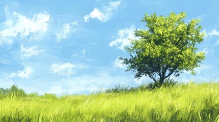 Obraz premium Tranquil summer landscape with a solid blue background, embodying lush greenery and expansive blue skies. This summer landscape provides a serene atmosphere with ample copy space.