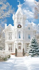 Obraz premium Snowy suburban home with Christmas tree visible from large window American holiday charm