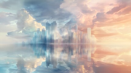 Fototapeta premium A cityscape floating in the sky, reflected on calm water, surrounded by clouds - a fantastical world
