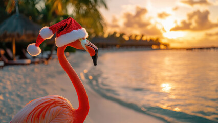 Santa-Hat-Wearing Flamingo Enjoying Sunset on Tropical Beach