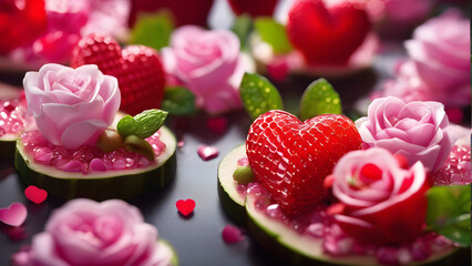 Naklejka premium Valentine's day desserts, Valentine's day snacks, Sweet and red desserts, heart shaped desserts, heart shaped cake, Valentine's day concept desserts photoshoot, ai generated