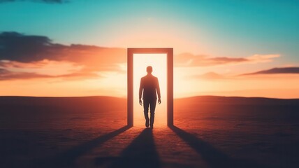 Person walking through an open door into a bright future, symbolizing new beginnings