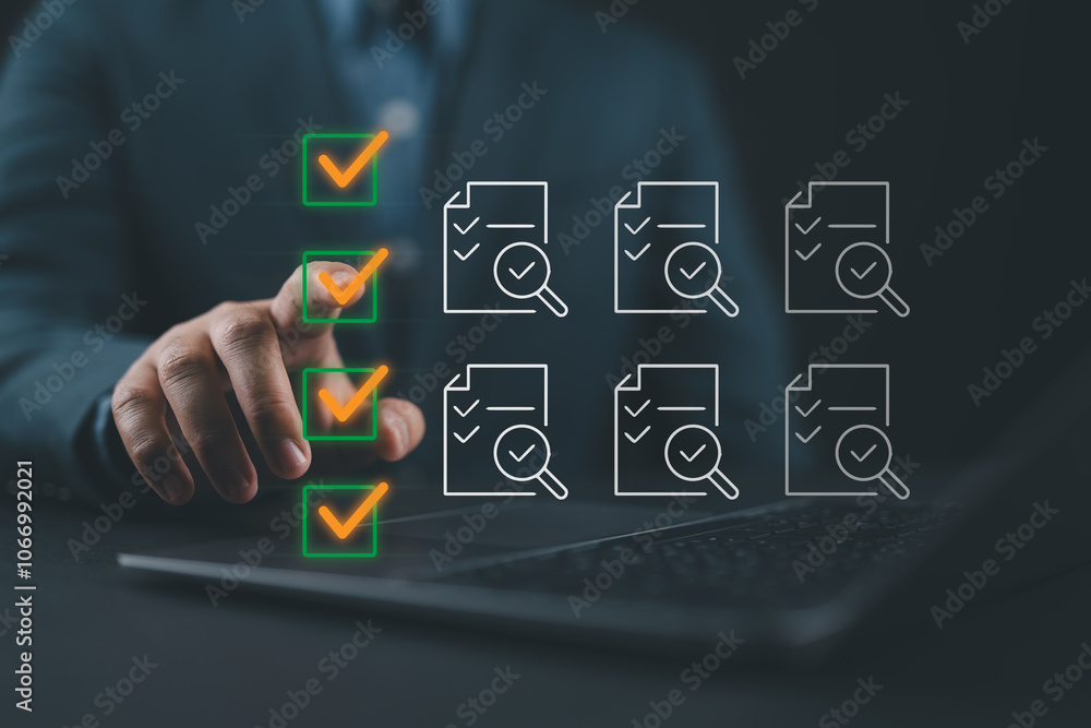 Poster business performance monitoring concept, businessman using laptop making correct mark fill out onlin