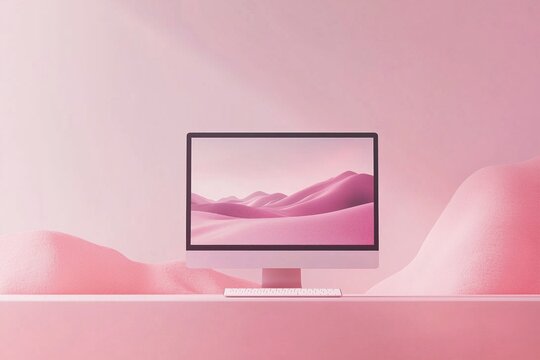 Pink computer monitor with soft pink landscape background