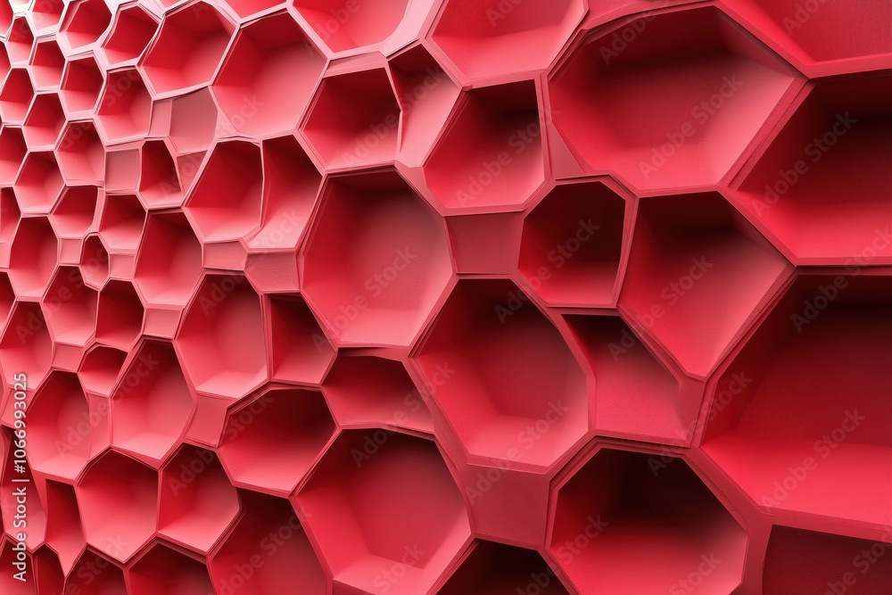 Poster red hexagonal pattern, 3d honeycomb design, textured surface