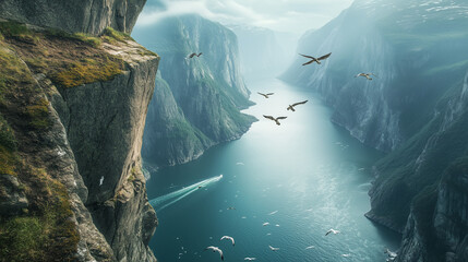 Cliff edge with seabirds flying over a dramatic fjord